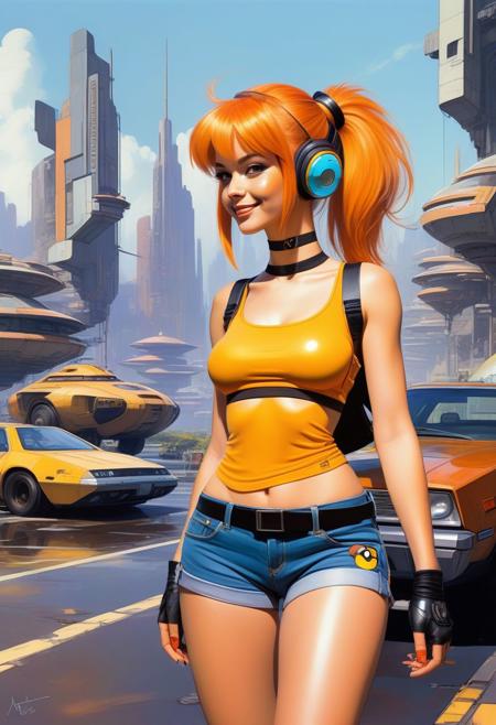 alcohol ink marker portrait sketch of Misty_Pokemon, futanari, penis, testicles, yellow crop top, suspenders, side ponytail, orange hair, denim shorts, solo, smiling, blushing, looking at viewer, futuristic utopia city scene with spaceships in background, concept art by syd mead, blade runner, <lora:concept_art_syd_mead:0.9>