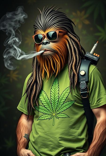 chewbacca with deadlocks, tshirt with a big marijuana leaf,jamaicain color t_shirt,a big transistor on his shoulder,jamaicain background,smoking marijuana