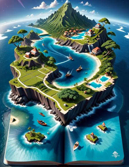 isometric style (Digital Artwork:1.3) of (Ultrarealistic:1.3) <lora:Book_FFusion_32:0.6> a book with a map of an island on it, 3 d epic illustrations, epic matte painting of an island, detailed digital 3d art, realistic fantasy illustration, isometric 3d fantasy island, highly detailed illustration, beautiful 3 d concept art, illustration matte painting, realistic 3 d style, fantasy art behance, realistic fantasy render, highly detailed 3 d art,CGSociety,ArtStation,(Abstract Art:1.3),(Surrealism Art:1.3),(Geometric Abstract Art:1.3) . vibrant, beautiful, crisp, detailed, ultra detailed, intricate