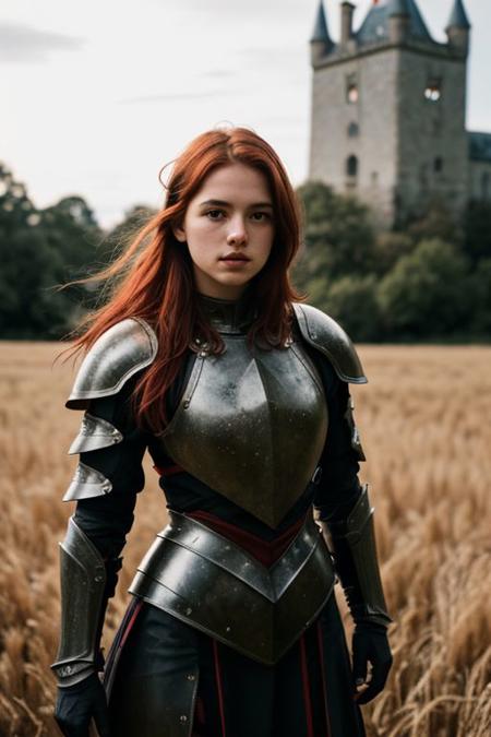black armor, photograph, stylized, 26 years old tiny woman, wearing armor, red hair,hands in gloves, sword, S-shape pose, castle behind, Flaming Low fade hairstyle, field, Flustered, Nikon Z9, L USM, Desaturated, masterpiece, contest winner, RAW photo, subject, (high detailed skin:1.2) , 8k uhd, dslr, soft lighting, high quality, film grain, Fujifilm XT3
