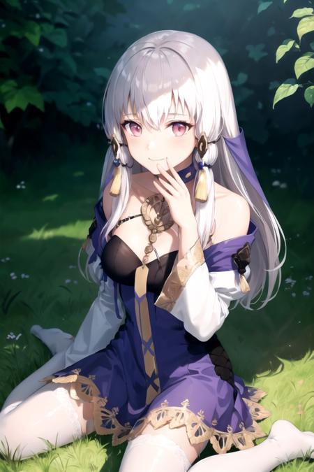 lysithea_war, looking at viewer, smile, hair ornament, thighhighs, long sleeves, cleavage, hair between eyes, bare shoulders, sitting, closed mouth, white thighhighs, blue dress, wariza, no shoes, grass, (subsurface scattering:0.6), (ray traced:1.5), (depth of field:0.8), (bokeh:0.8), (god rays:0.8), (vivid colors:1.0), (cinematic hard lighting:0.9), (strong shadows:1.2),  <lora:epi_noiseoffset2:1>
 <lora:Lysithea_war:1>