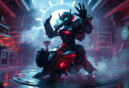 "Create a 4k, artistic and stylistically pleasing epic mecha artwork. The mecha, highly detailed with a muscular design, sits on a Black Illusion Ritual with an optimus sun orientation. The pose is cool, and the scene is filled with a blue, white and red mist. The mecha is featured on Reddit and is trending on ArtStation. The cluttered lab in the background adds intrigue, while the mecha's celebratory salute to the holy grail adds a sense of accomplishment. The neon glow enhances the overall epic feel of the piece."