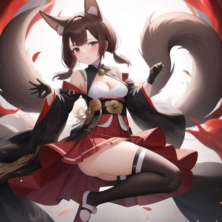 (masterpiece, best quality:1.2),illustration,8k,hd,1girl,solo,animal_ears,fox_ears,short hair,twintails,red_eyes,petite,brown_hair,small_breasts,fox_tail,multiple_tails,bangs,cleavage,fox_girl,hair ornament,hair bell,black thighhighs,short twintails,zettai ryouiki,animal_ear_fluff,long sleeves,ribbon,jingle bell,hakama short skirt,japanese_clothes,kitsune,red_skirt,skirt,wide_sleeves,black_gloves,kyuubi,brown_tail,pleated_skirt,clog sandals,<lora:Akagi-Chan(azur)>,