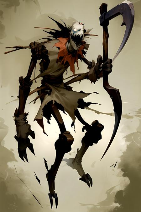 fiddlesticks holding a stick scythe weapon, scarecrow,  1boy,male focus,torn clothes, legs,arms,hands, detailed face,  portrait, monster ,teeth ,glowing eyes ,claws, no humans , <lora:add_detail:0.2>, <lora:fiddlesticks-10:0.7>,