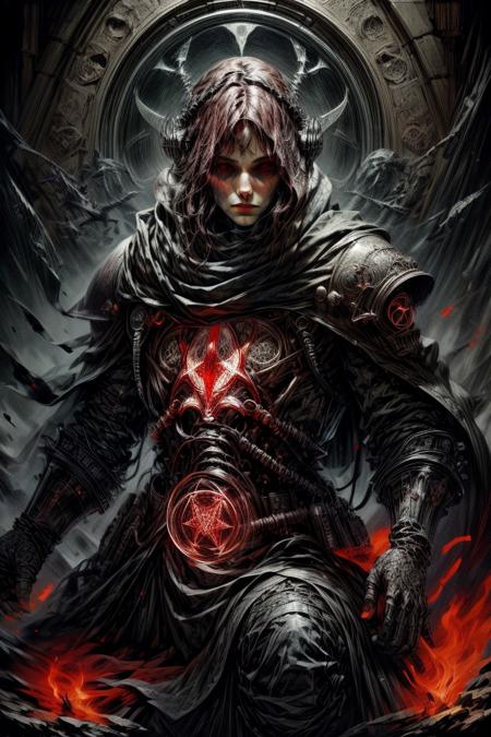 score_9, score_8_up, 8, score_7_up, solo,  
fantasy style, masterpiece, 8k, dynamic pose, 20 y.o, <lora:Fantasy_Classes_SD:1>,

(Dungeons and Dragons) Thorough, analog style, eye focus, highest quality, (highly detailed skin), full body, photo of a exquisitely beautiful,

BREAK
score_9, score_8_up, score_7_up, white hair, dark makeup, goth girl, 1girl, looking at viewer, eye contact, faceing toward the viewer, full body shot, dynamic pose, holding weapon, dynamic pose, in movement, in combat <lora:Zeronis_Style:0.4> zeronis, adeptus mechanicus, red robe, tech priest, mechanical joints <lora:Concept Art DarkSide Style LoRA_Pony XL v6:0.4> concept art, realistic, dark theme, low light, red hood <lora:Adeptus_Mechanicus-000006:0.8>, <lora:rapi-nikke-richy-v1_pdxl:0.8> rapidef, red eyes, brown hair, long hair, bangs,

sharp focus, dappled lighting, (backlighting:0.7), film grain, photographed on a Sony A7R IV, 18mm F/1.7 cine lens, (highly detailed, intricately detailed), 8k, HDR, seductively posing

BREAK
(EyesHD:1.2), (4k,8k,Ultra HD), masterpiece, best quality, ultra-detailed, very aesthetic, sharp focus, depth of field, ray tracing, best lighting, detailed illustration, detailed background, cinematic, 
BREAK 
detailed background, dynamic action image,

BREAK
oil painting, BadDream, negative_hand, NEG_EMBED_STABLE_YOGI_V3, FastNegativeV2, AissistV2
(detailed:1.3), (sharp focus:1.1), medieval style, (expressive face:1.2),,