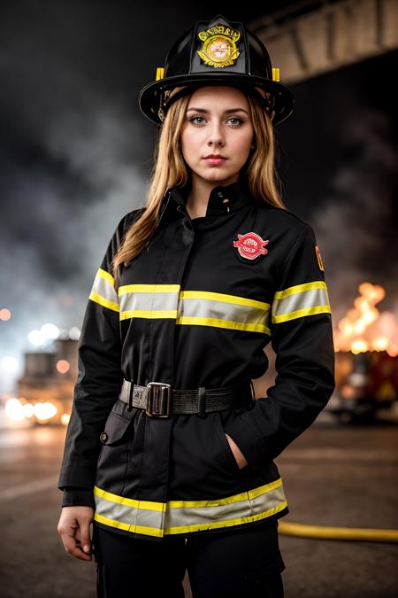 A dark cinematic photo of a cute and beautiful firefighter girl, predisposed devious expression, wearing black firefighter uniform with yellow stripes, inside on fire building, 35mm photograph, film, bokeh, professional, 4k, highly detailed, high contrast