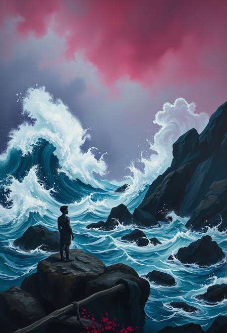 A marine landscape painting in rich burgundy and deep blue, depicting an elongated figure in an ethereal pose against a dramatic coastal scene. Towering waves crash on rugged rocks, ocean spray fills the overcast sky, deep green and blue tones dominate.  A solitary fisherman with refined features stands, conveying a contemplative mood. The dynamic brushwork uses a naturalistic palette, creating a majestic atmosphere.