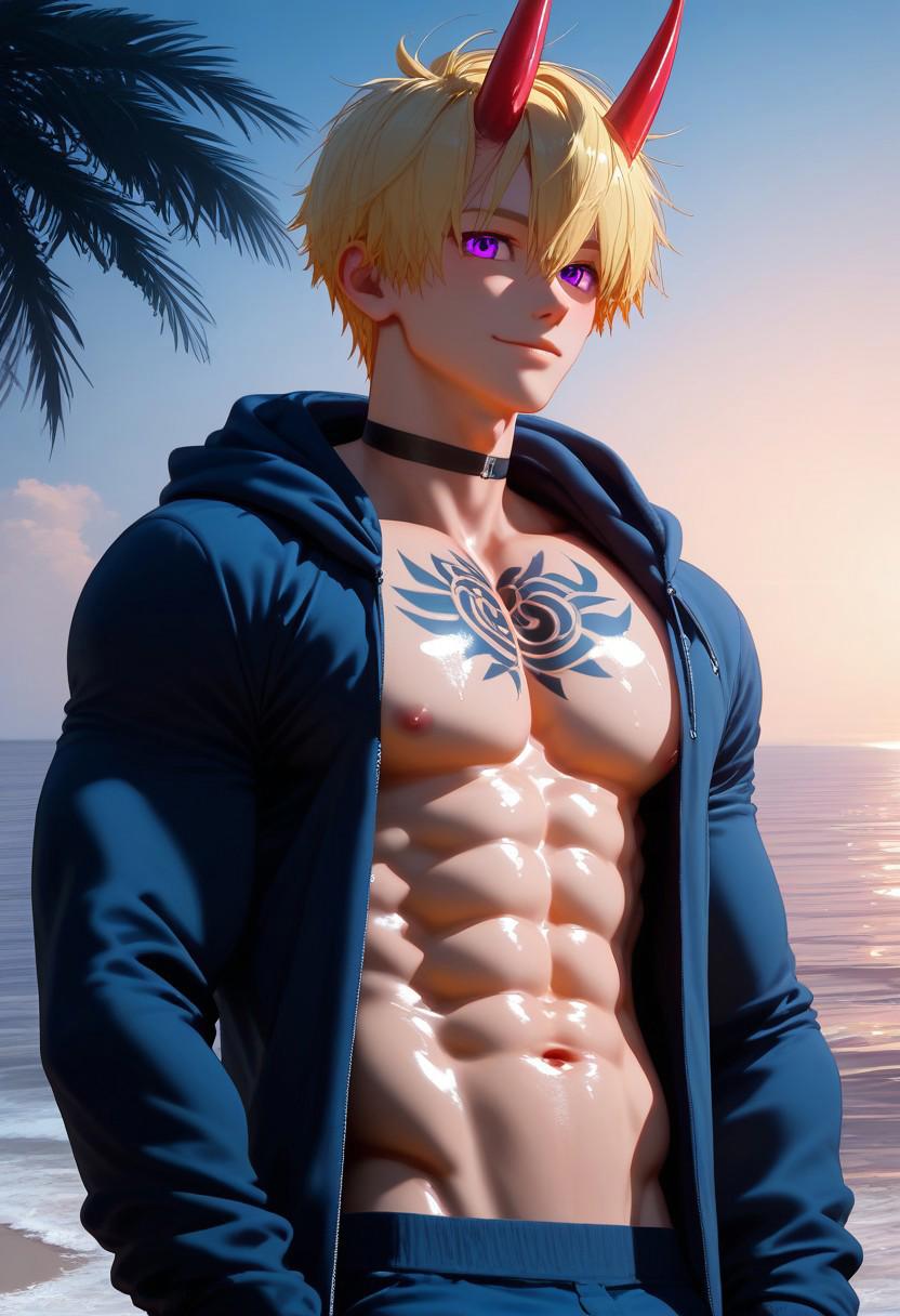 muscular slender boy with blonde hair and purple eyes and neon short oni horns, black tattoo on chest, male focus,  solo, anime face, handsome, cute face, thin lips, toned body:1.2, hyper detailed skin, beautiful detailed body,ultra-detailed hair, wide shot, cowboy shot, glistening, body blush, perfect anatomy, [bara:yaoi:0.8], 
BREAK  abs, veiny, pink nipples, single navel, open hood, open clothes, hoodie,open hoodie,shirtless, ocean,  palm trees, seductive smile, lots of details, choker,  proud expression, sunset, 
BREAK single eyelids, perfect eyes:1.3, perfect hands, hyper detailed eyes, detailed pupils, short hair style, anime hair style, okappa hair,  tsurime:1.2, aroused, 
BREAK score_9, score_8_up, score_7_up, masterpiece, best aesthetic, aesthetic, displeasing, best quality, great quality, perfect flat shading, muscular shadow, 8k, 4k, highres, absurdres, clear picture, clear outline, intricate details, countershading:1.1,ambient occlusion,