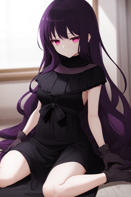 masterpiece, best quality, highres, 1girl tilty claret purple eyes, black choker black dress long dress black gloves black bow frills <lora:tilty_claret:1> sitting, wariza, arm support