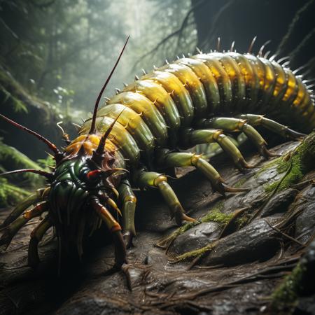 highly detailed documentary photo of giant centipede:1.3,

green body, antennae, realistic, spikes, yellow bands,

masterpiece, best quality:1.1, 

ultra photoreal, photorealistic:1.0, sharp focus:1.1, 
depth of field:1.1, 

50mm, style of Nathan Wirth, Hasselblad X1D II, Porta 160,
