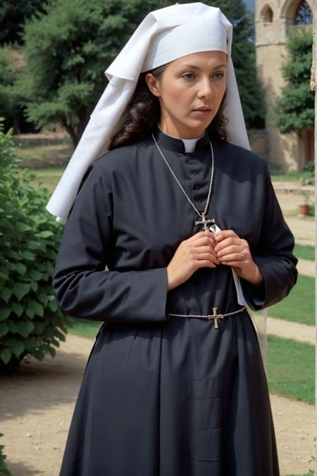 breathtaking, Photorealism <lora:VinaAsikiSDXL-000008:1>, 40 yo VinaAsikiSDXL  in nun's clothes in the garden of a monastery, Photorealism, often for highly detailed representation, photographic accuracy, or visual illusion., award-winning, professional, highly detailed