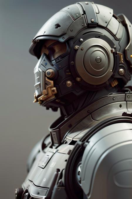 solo, armor, from side, gradient, gradient background, no humans, helmet, robot, mecha, science fiction, realistic, cable