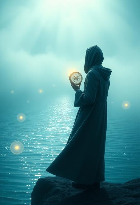 Create a mystical, otherworldly scene of a figure standing at the edge of a vast, shimmering expanse of water, surrounded by a halo of soft, luminescent mist. The figure is dressed in a long, flowing coat with a hood, and is holding a delicate, antique-style compass in one hand. The water is dotted with strange, glowing orbs that seem to be suspended in mid-air, and the mist is filled with tiny, shimmering particles that seem to be alive. The figure is gazing out across the water, their eyes fixed on a distant point that seems to be pulling them towards it. The compass is glowing with a soft, pulsing light, and the needle is spinning wildly as it tries to navigate the strange, unseen forces that are at work in this mystical realm. Style: surreal, dreamlike, mystical. Colors: soft, ethereal, glowing. Highest-Quality, 4k