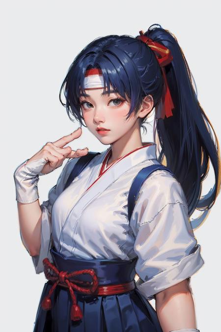 (masterpiece, top quality, best quality, official art, beautiful and aesthetic:1.2), (1girl:1.3), (fractal art:1.3),ponytail, hakama , (blue hakama skirt:1.3),japanese clothes,  headband,(white tabi:1.3),(white japanese socks:1.5),red belt, simple background, (Cinmatic:0.4) ,upper body, <lora:kasumi-000009:0.8>