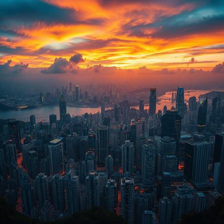 Breathtaking Hong Kong skyline at sunset captured from Victoria Peak as golden light bathes the dense forest of skyscrapers, harbor waters reflect the city lights, and the dramatic sky transitions from vibrant oranges to deep blues while day surrenders to the emerging glow of the metropolis below. disney pixar style