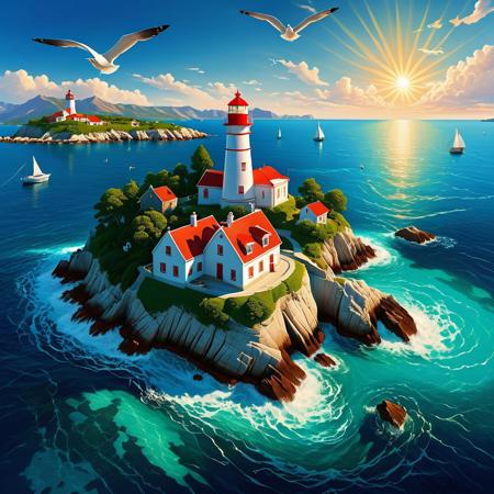 A picturesque island with red-roofed historical houses, a white lighthouse, and a deep blue sky. The island is surrounded by calm turquoise water with gentle waves. The sun is shining brightly, casting a warm glow on the island. Seagulls are flying in the sky. The image is seen from a boat on the water off the island.