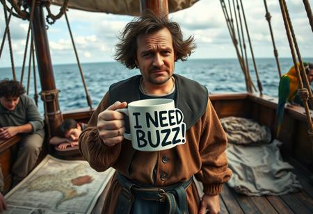 A hyper-realistic scene image of Christopher Columbus standing on the deck of a wooden ship, holding a mug that says 'I NEED BUZZ!' in bold letters. He looks exhausted, with messy hair and bags under his eyes, as if he’s been navigating for days without sleep. Around him, there are humorous details like a map with a coffee stain, a sleepy crew, and a parrot perched on his shoulder, also looking tired. The ocean and distant horizon set the scene, adding a lighthearted twist to the age of exploration.