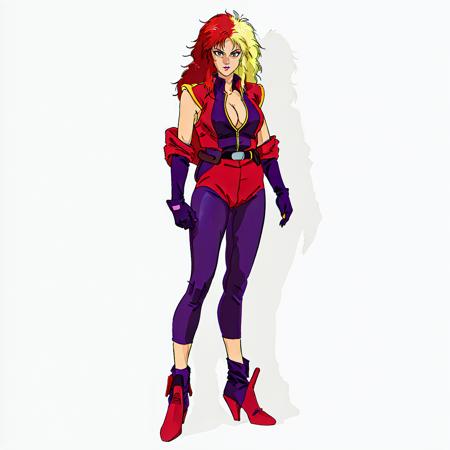 <lora:charasoon001:0.7>,
chara_soon,1woman,long hair,multicolored hair,two-tone hair,split-color hair,blonde hair,red hair,grey eyes,makeup,lipstick,cleavage,breasts,
jacket,bodysuit,open clothes,sleeveless,elbow gloves,purple gloves,belt,
spandex,socks,purple footwear,red footwear,high heels,
full body,standing,