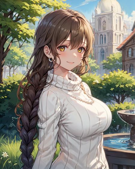 best quality, (masterpiece:1.2), illustration, absurdres,
(1girl, solo), (beautiful detailed girl),
<lora:Cecile-08:0.8>, Cecile Neues, light_brown hair, long hair, single braid, hair over one shoulder, brown eyes, large breasts, pearl earrings,
white sweater, long skirt, lavender skirt, sandals,
gentle smile, looking at viewer, (upper body, portrait),,
city marketplace, fountain, buildings, trees, day, sky, clouds, sun,
on stomach