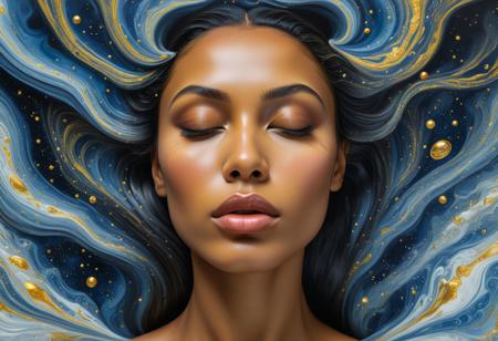liquid marble painting, impressionism, (surrealism, psychedelic:0.7), portrait, realistic, masterpiece, best quality, mixed-race supermodel, (pretty upturned nose, smooth feminine facial features, full lips, almond-shaped eyes, half-closed eyes, pale hazel eyes:0.9), (Alex Grey, Claude Monet:0.6)
BREAK
hair melting into endless black holes collapsing into a cosmic sea of nebulas and supernovas