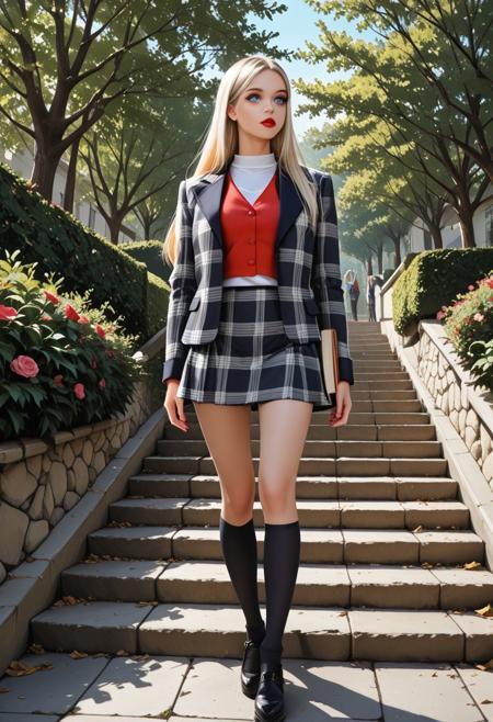 score_9, score_8_up, score_7_up, college setting, outside, sunny day, steps, trees, beautiful, Sally-Anne, long platinum blonde, straight hair with bangs, makeup, red lipstick, eye shadow, ice blue eyes, black plaid jacket, red vest, white shirt, black plaid skirt, black kneehighs, carrying school books