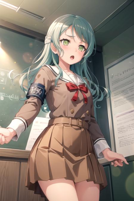 <lora:SayoHikawa-10:0.7>,sayobd, 1girl, long hair, blush, open mouth, skirt, long sleeves, dress, bow, ribbon, holding, school uniform, green eyes, pleated skirt, solo focus, indoors, bowtie, sailor collar, :o, red bow, red ribbon, sparkle, aqua hair, neck ribbon, buttons, red bowtie, armband, lens flare, sailor dress, out of frame, brown skirt, white sailor collar, brown dress, pleated dress, hanasakigawa school uniform