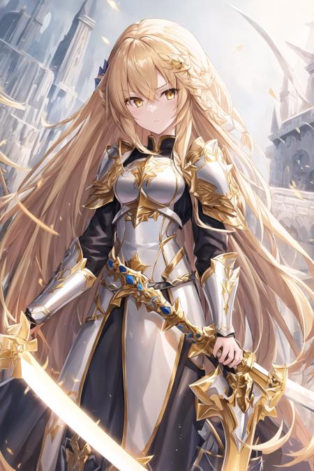 long_hair, 1girl, weapon, sword, white and gold  armor, holding_sword, holding_weapon, gold_eyes, blonde_hair, holding, solo, looking_at_viewer, very_long_hair, hair_between_eyes, shoulder_armor, bangs, breasts, floating_hair, upper_body,<lora:knight anime:0.8>,shiny,