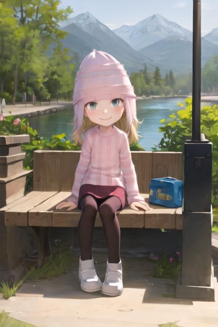 1girl, female child, edith, grey eyes, blonde hair, hat, sweaters, skirt, pantyhose, shoes, full body, sitting, smile, (looking at viewer:1.3), mountain, river <lora:edith-000004:1>