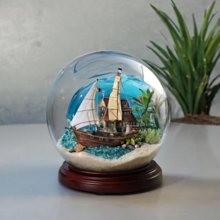 Eye-pleasing spherical glass terrarium containing tiny suny seascape with beach ocean waves sea water and boat. Outside the 3D terrarium, 
a child is sitting and creating a storm inside it by blowing into the terrarium. The tiny sailor inside the terrarium looks at the child in horror and pleads with him to refrain from blowing., 
hd