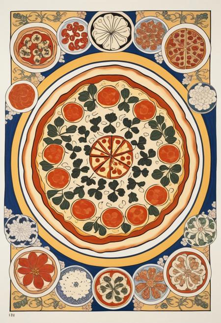 pizza mandala, in ukiyoe style, by Katsushika Hokusai, ink paintings,