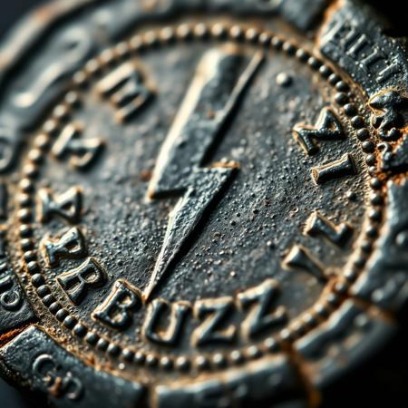 Closeup of a ancient Rome detoriated coin with lightning bolt symbol and text in ancient font saying BUZZ, realistic, masterpiece, dramatic light, depth of field