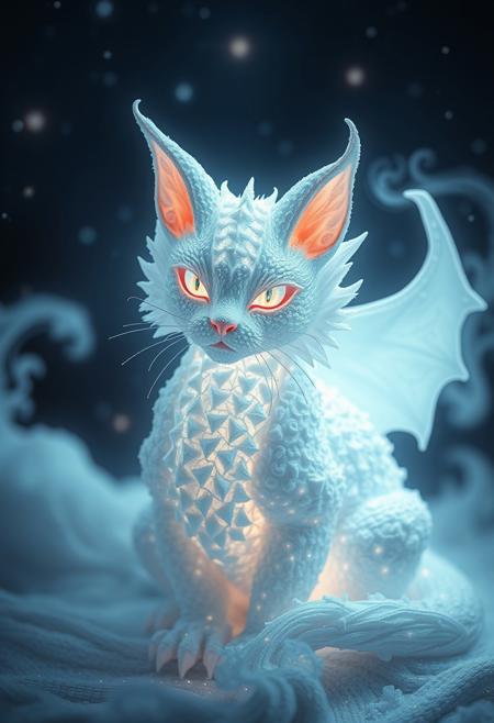 beautiful aesthetic, intricate, a dragonic cat made of marshmallow, covered in white, magical aura, fantasy art, peaceful, high fantasy style, mysterious, celestial light, ethereal, painterly, epic, majestic, magical, fantasy art, cover art,dramatic lighting