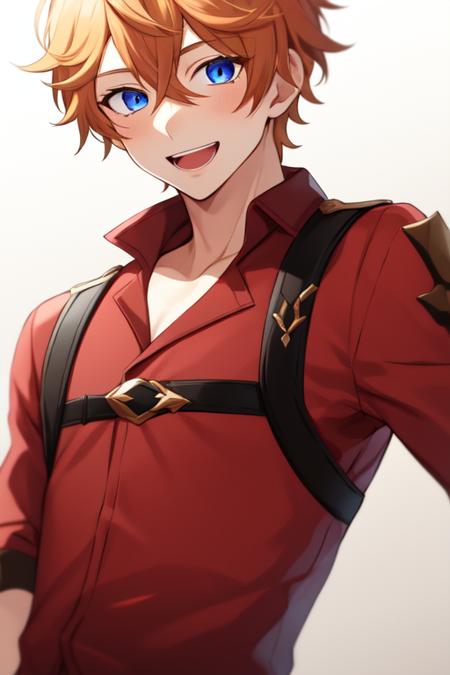 tartaglia,1boy,solo,male focus,orange hair,hair between eyes,blue eyes,open mouth,smile,focus face, looking right-up,shirt,red shirt,blurry background,