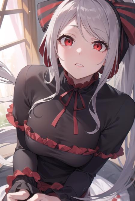 shalltear, grey hair, long hair, (red eyes:1.5), silver hair, black dress, bonnet, bow, dress, frilled dress, frills, large bow, long sleeves, vampire,