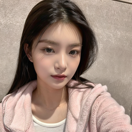 yiren, 1girl, detailed eyes, detailed iris, detailed face, (upper full body:1.2), ((straight on:1.3)), beautiful hair, (looking at the viewer:1.2), (wearing pink jacket,:1.2) beautiful face, beautiful expression, (medium breast:1.2), (photorealistic:1.3), high quality, highres, realistic, <lora:sayhello0o-everglowyiren:0.87>