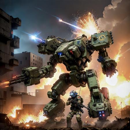 <lora:mechav3_lora_47700:1>, (photorealistic:1.4), mecha28, mecha, robot, weapon, no humans, fire, gun, war, damaged, battle, military vehicle, holding, smoke, holding weapon, ruins, blue skin, standing, missile pod, gatling gun, shoulder cannon, cockpit windows, missile, explosion