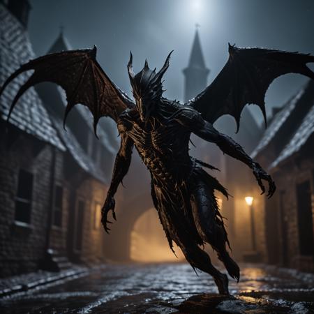 highly detailed  photo of a nightgaunt flying off of the ground in a dark medieval alley, 
dark alley, wings, (((flying))), arms,
(((night))), dark sky,


realistic, depth of field, blurry background,


photorealistic,
horror, eerie,
silhouette lighting,


