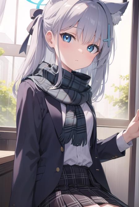 bluearchiveshiroko, <lyco:shiroko-lyco-nochekaiser:1>, 
shiroko, animal ears, blue eyes, grey hair, hair ornament, hairpin, halo, medium hair, wolf ears,
BREAK checkered clothes, checkered skirt, school uniform, skirt, scarf,
BREAK looking at viewer, 
BREAK indoors, classroom,
BREAK <lyco:GoodHands-beta2:1>, (masterpiece:1.2), best quality, high resolution, unity 8k wallpaper, (illustration:0.8), (beautiful detailed eyes:1.6), extremely detailed face, perfect lighting, extremely detailed CG, (perfect hands, perfect anatomy),