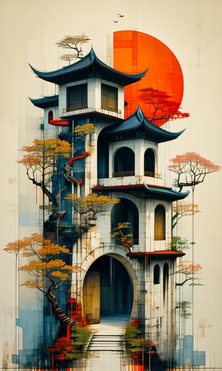 ORIGINAL PROMPT: An artwork done in the style of artist (patrick seymour:1.4), as a (wabi sabi:1.6).
A surrealistic Asian Architecture Fantasy scene.
PRODUCTION PROMPT: Original prompt was used.