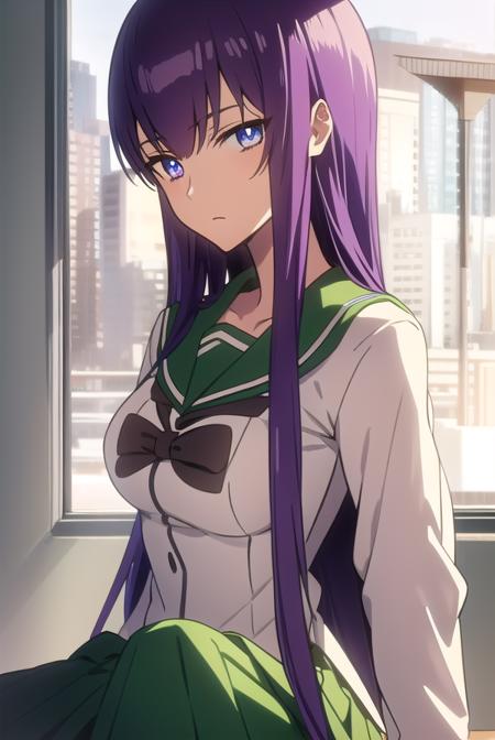 saekobusujima, <lora:saekobusujimatest:1>,
saeko busujima, long hair, purple hair, (purple eyes:1.1), hair between eyes,
BREAK skirt, long sleeves, bow, school uniform, serafuku, green skirt,
BREAK looking at viewer,
BREAK indoors, classroom,
BREAK <lora:GoodHands-vanilla:1>, (masterpiece:1.2), best quality, high resolution, unity 8k wallpaper, (illustration:0.8), (beautiful detailed eyes:1.6), extremely detailed face, perfect lighting, extremely detailed CG, (perfect hands, perfect anatomy),