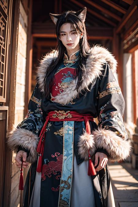 masterpiece ,  male focus, 1boy,  solo, Wolf Ears, long hair,  Depth of field, Background Blur, sky, ancient chinese architecture, 
<lora:zlh:0.3> <lora:zangzu2:0.6>   <lora:add_detail:0.3> 