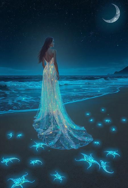 woman and a long dress made of fractals, a beach at night with bioluminescent stars and waves, a starry sky, glowing blue sea creatures on the sand, a crescent moon in the background, and an ocean flowing into the distance, the scene is peaceful yet mysterious, with the glow of fireflies adding to its ethereal beauty, 3d illustration, glitter, glow, ruby shine, opal, lumen, fractal, ultradetallization, 128k, HDR