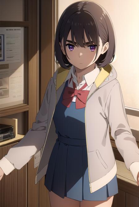 aoiaioi, <lora:aoi aioi movie-lora-nochekaiser:1>,
aoi aioi, short hair, black hair, red eyes, purple eyes,
BREAK shirt, dress, bow, school uniform, jacket, white shirt, collared shirt, hood, bowtie, red bow, red bowtie,
BREAK indoors, classroom,
BREAK looking at viewer, (cowboy shot:1.5),
BREAK <lyco:GoodHands-beta2:1>, (masterpiece:1.2), best quality, high resolution, unity 8k wallpaper, (illustration:0.8), (beautiful detailed eyes:1.6), extremely detailed face, perfect lighting, extremely detailed CG, (perfect hands, perfect anatomy),