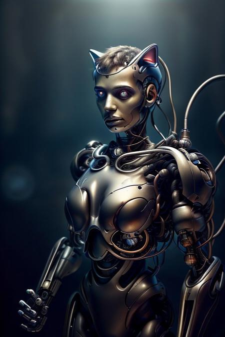 cinematic film still silverpulse, cyborg cat, simple background, high quality, artistic, vibrant colors, detailed textures. futuristic sleek/glossy silver and blue glow, vibrant colors, detailed textures., Concept art, cyborg, background, vintage, modern, SilverPulse, <lora:SilverPulseMorphXL:0.8>, excellent composition, artistic, highly detail, holy, sunny, dynamic dramatic beautiful full taking . shallow depth of field, vignette, highly detailed, high budget, bokeh, cinemascope, moody, epic, gorgeous, powerful, Real cyborg,
