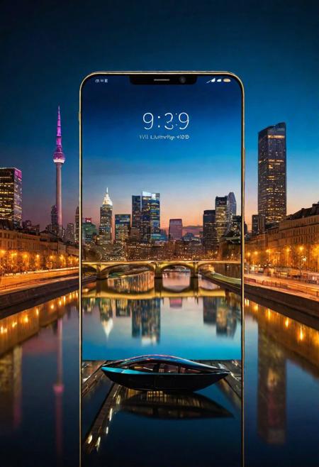 Superior quality, high-tech masterpiece, ultra-high resolution, hyper-realistic, UHD sharpness, depth of detail, smartphone, lying on a sleek glass surface, ambient urban lighting, ultra-modern design, reflective screen, next to, soft cityscape glow, backlit icons, (vivid display light:1.2), subtle shadows under the device