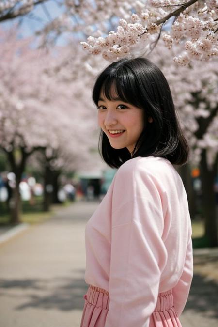 photograph of a cute girl, casual clothes, black hair, smiling, pale skin, blush, innocent, city spring festival, sakura petals in the air, Porta 160 color, shot on ARRI ALEXA 65, bokeh, sharp focus on subject, shot by Don McCullin, nsfw