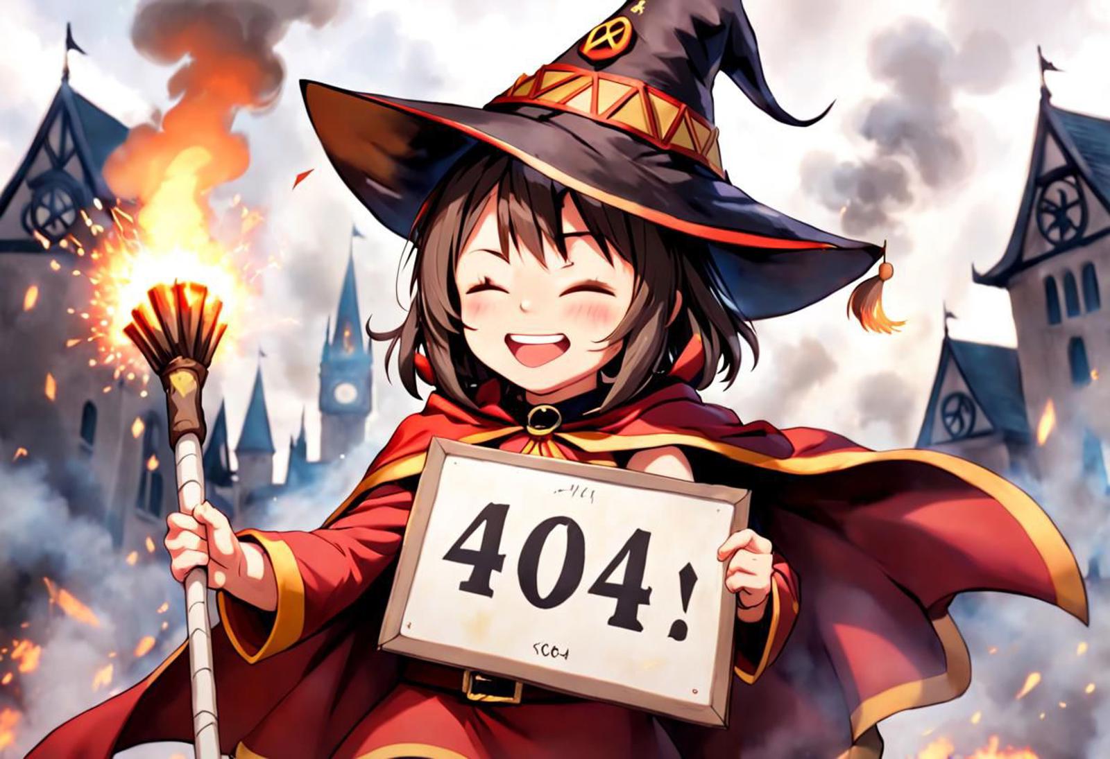 A cartoon girl with a wizard's hat holding a 404 sign.