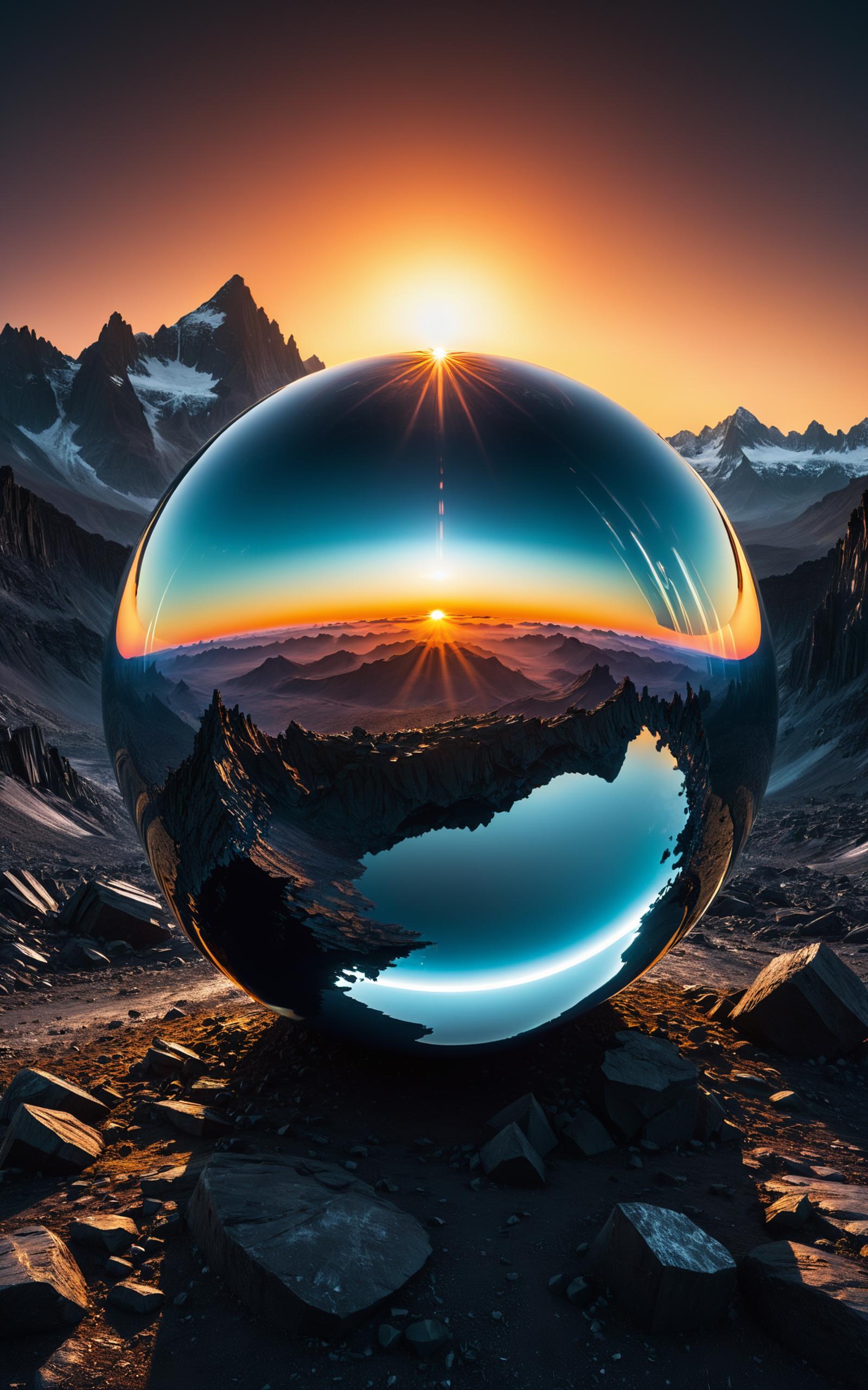 A Giant Ball Reflecting the Sun and Mountains in the Background