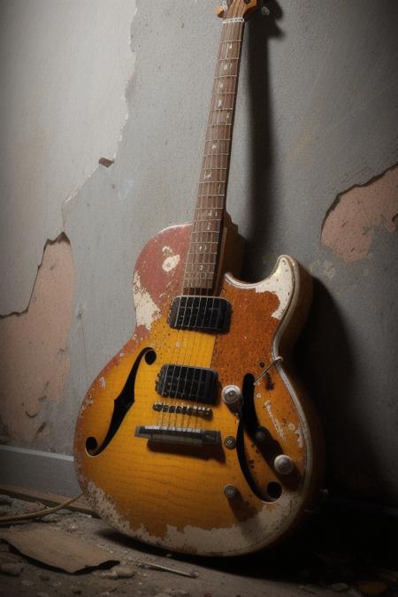 a  raw photograph,   a jazz guitar mounted on a wall ,  sharp focus, , style-abandoned2