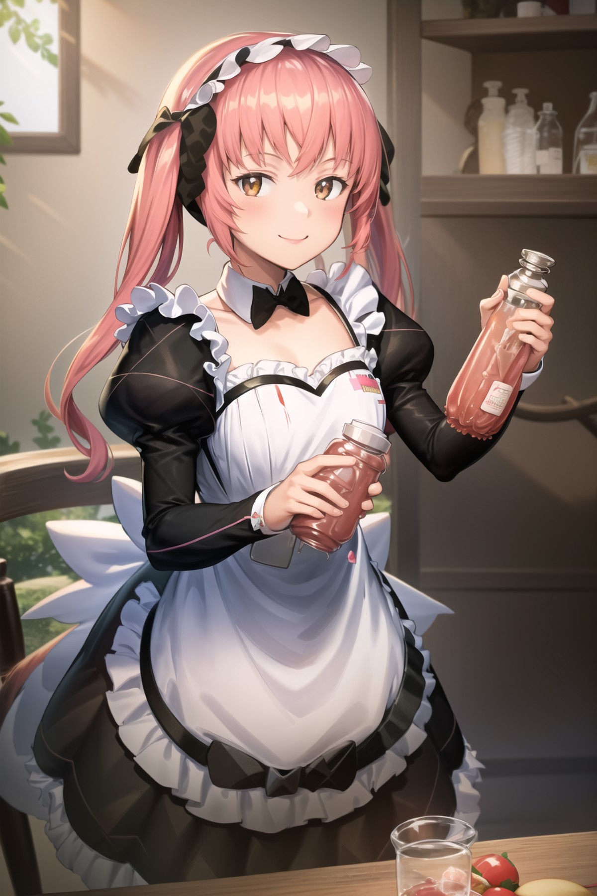 masterpiece, best quality, highly detailed, 1girl, solo, cocoa \(nikke\), pink hair, ketchup bottle, holding bottle, looki...
